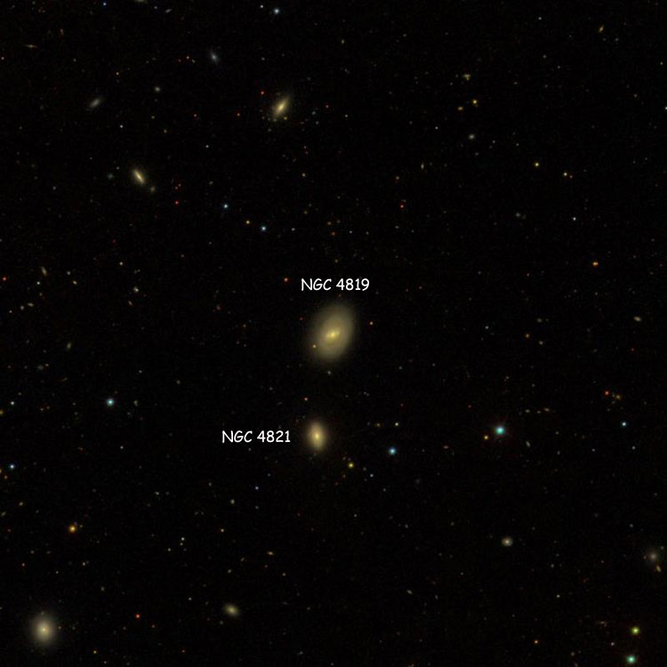 SDSS image of region near spiral galaxy NGC 4819, also showing NGC 4821