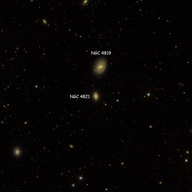 SDSS image of region near elliptical galaxy NGC 4821, also showing NGC 4819