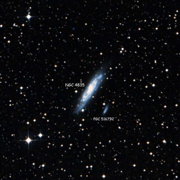 DSS image of region near spiral galaxy NGC 4835, also showing its probable companion, PGC 516792