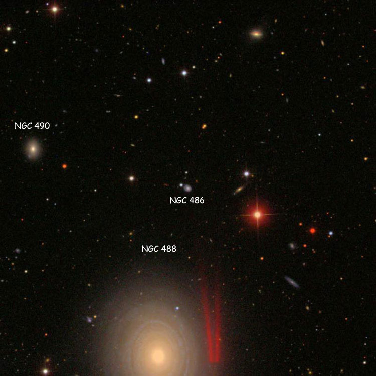 SDSS image of region near spiral galaxy NGC 486, also showing NGC 488 and NGC 490