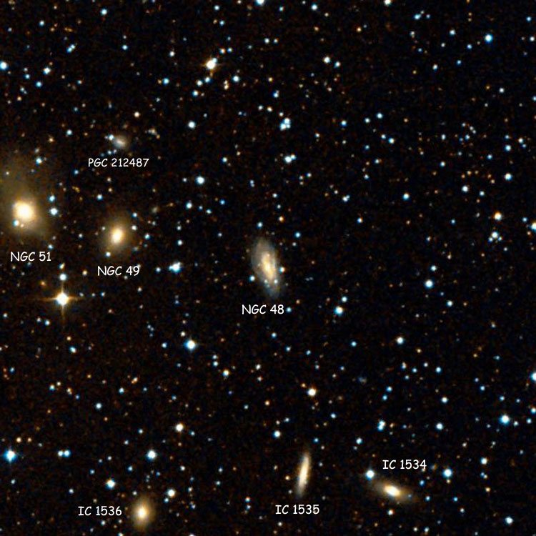 DSS image of region near spiral galaxy NGC 48, also showing NGC 49, NGC 51, IC 1534, IC 1535 and IC 1536 and one PGC object