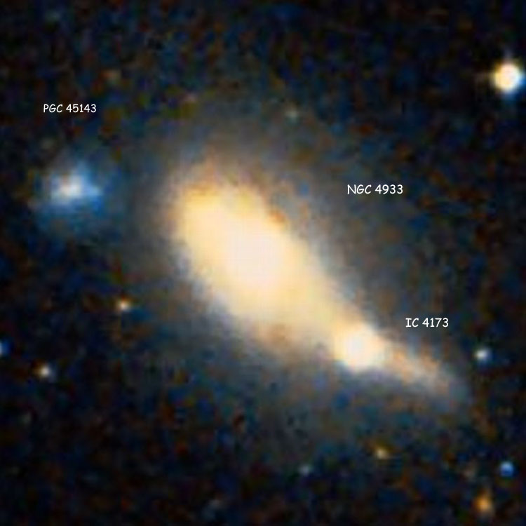 DSS image of lenticular galaxy NGC 4933 and elliptical galaxy IC 4173 (sometimes called NGC 4933B or even NGC 4933A), collectively known as Arp 176; also shown is PGC 45143, which is sometimes called NGC 4933C
