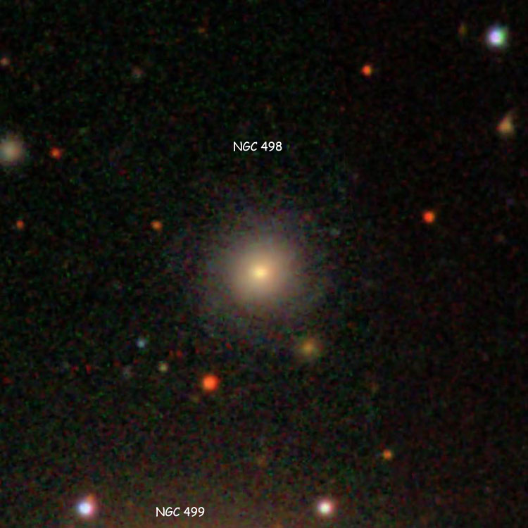 SDSS image of lenticular galaxy NGC 498 and the northern edge of NGC 499
