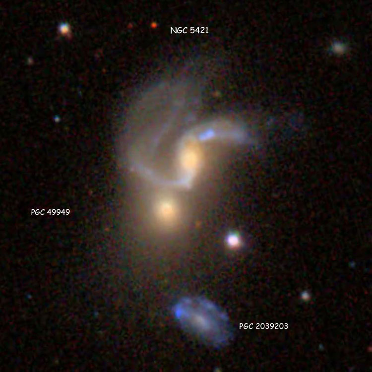 SDSS image of spiral galaxy NGC 5421 and lenticular galaxy PGC 49949, which comprise Arp 111, and possible companion PGC 2039203