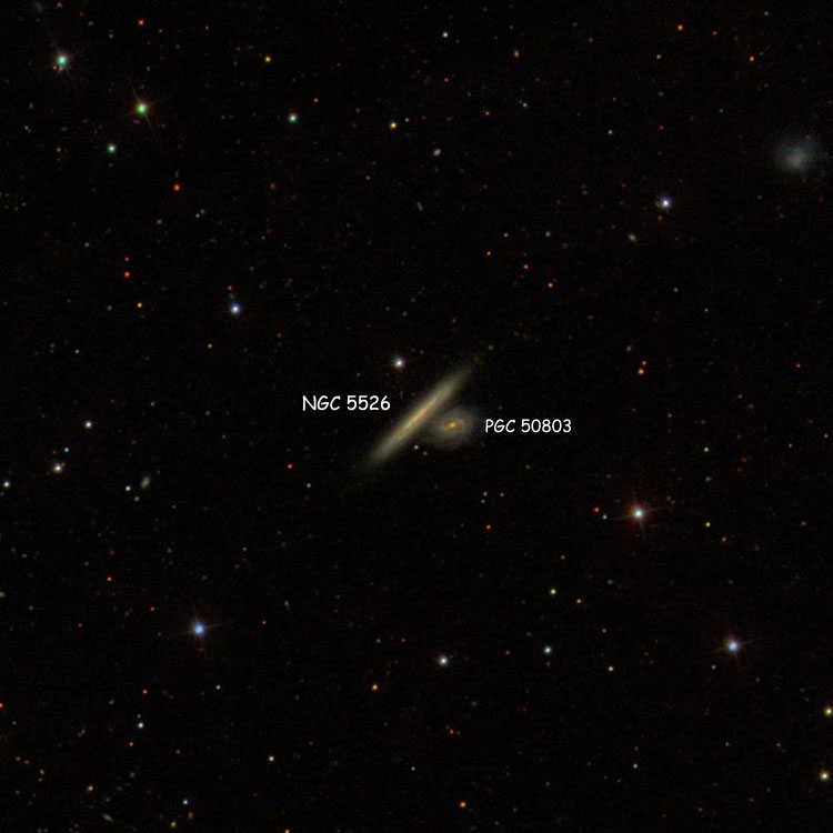 SDSS image of region near spiral galaxy NGC 5526, also showing its apparent companion, PGC 50803
