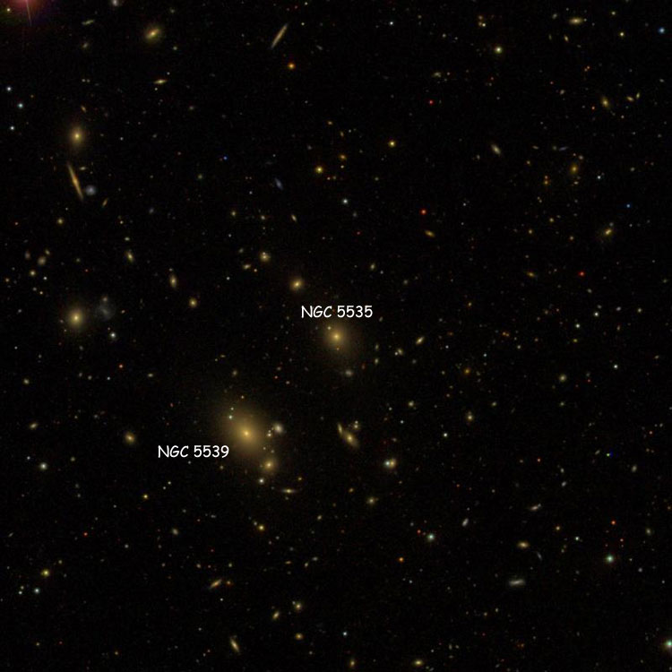 SDSS image of region near elliptical galaxy NGC 5535, also showing NGC 5539
