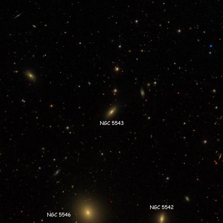 SDSS image of region near spiral galaxy NGC 5543, also showing NGC 5542 and NGC 5546