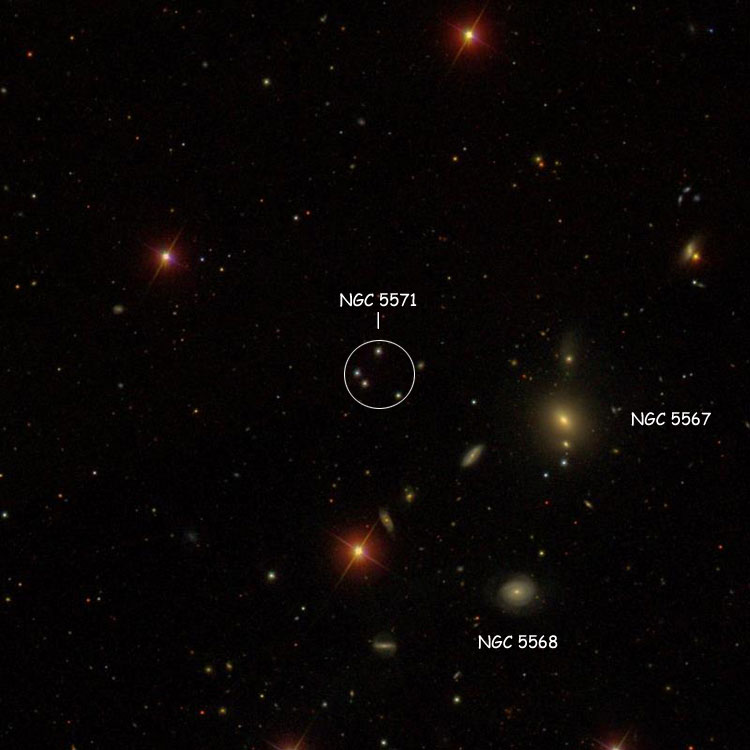 SDSS image of region near the group of 4 stars listed as NGC 5571, also showing NGC 5567 and NGC 5568