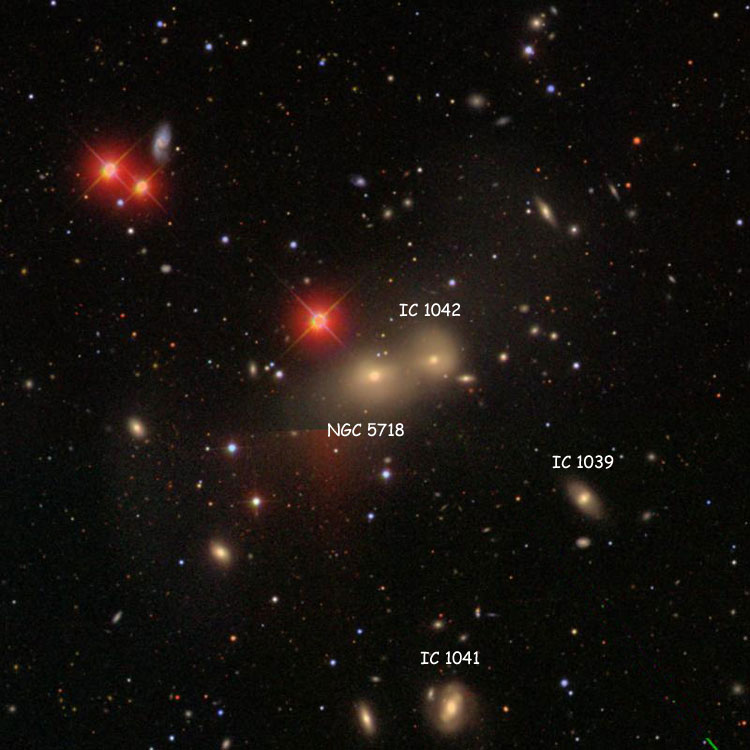 SDSS image of region near lenticular galaxies NGC 5718 and IC 1042, which comprise Arp 171, also showing IC 1039 and IC 1041