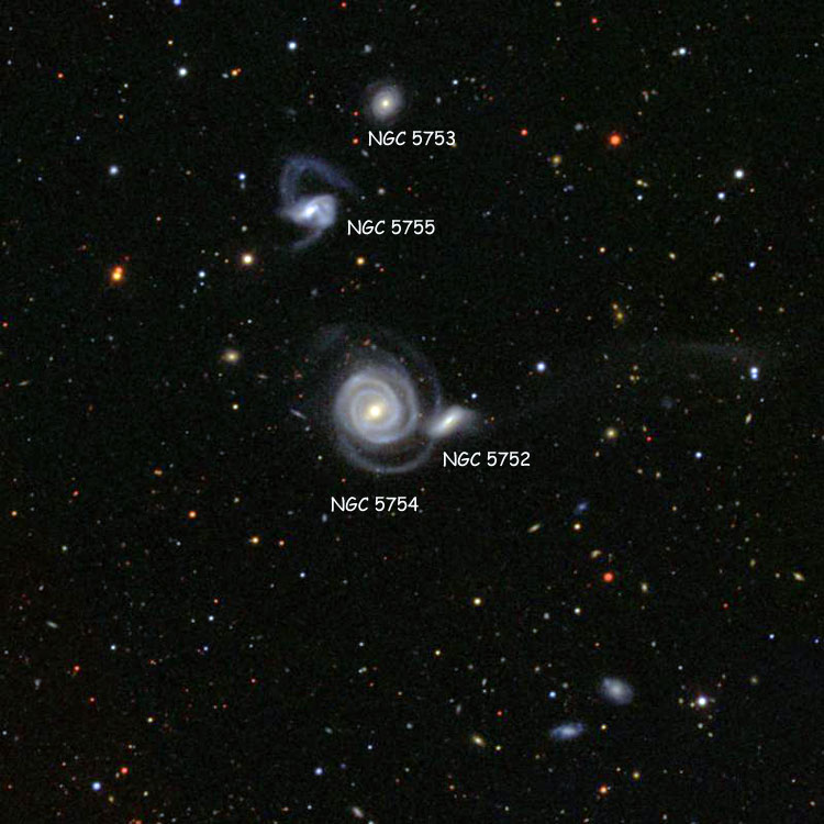 SDSS image of region near spiral galaxies NGC 5754 and NGC 5752, which comprise Arp 297, also showing NGC 5753 and 5755