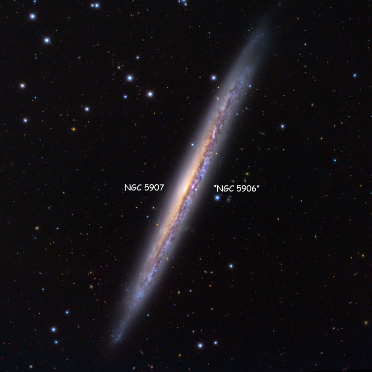 Labeled version of Mount Lemmon SkyCenter image of region near spiral galaxy NGC 5907, showing that the western portion of the galaxy obscured by dust in its disk is presumably NGC 5906