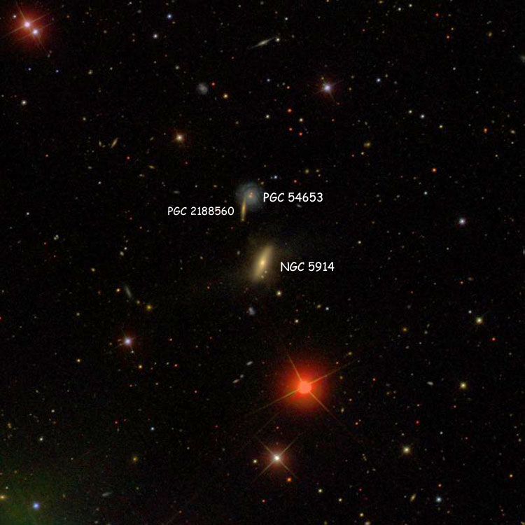 SDSS image of lenticular galaxy NGC 5914, also showing PGC 54653 and PGC 2188560