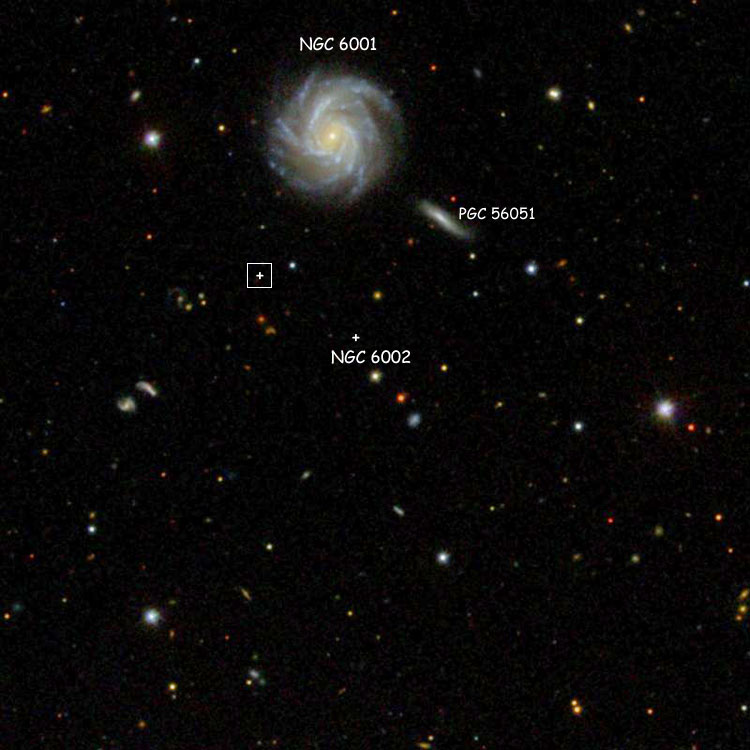 SDSS image of region near the star that is probably NGC 6002, also showing NGC 6001, Lord Rosse's position for NGC 6002, the NGC position, and PGC 56051, which is often misidentified as NGC 6002