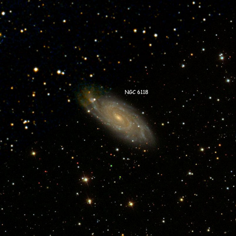 SDSS image of region near spiral galaxy NGC 6118 overlaid on a DSS background to fill in missing regions