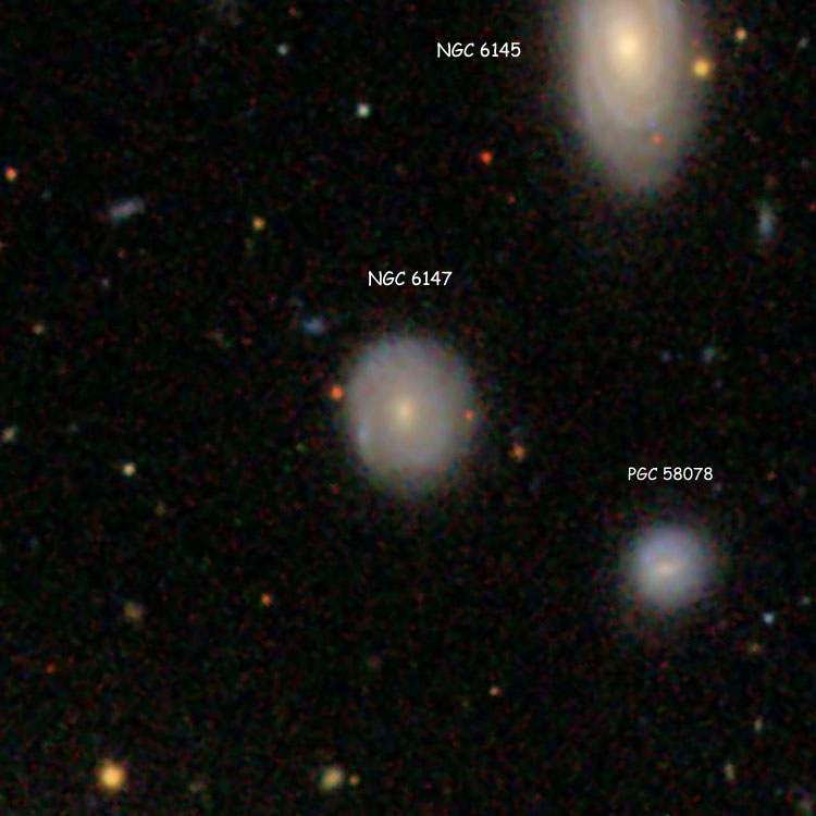SDSS image of spiral galaxy NGC 6147, often misidentified as NGC 6141, also showing spiral galaxies NGC 6145 and PGC 58078, which is often misidentified as NGC 6147
