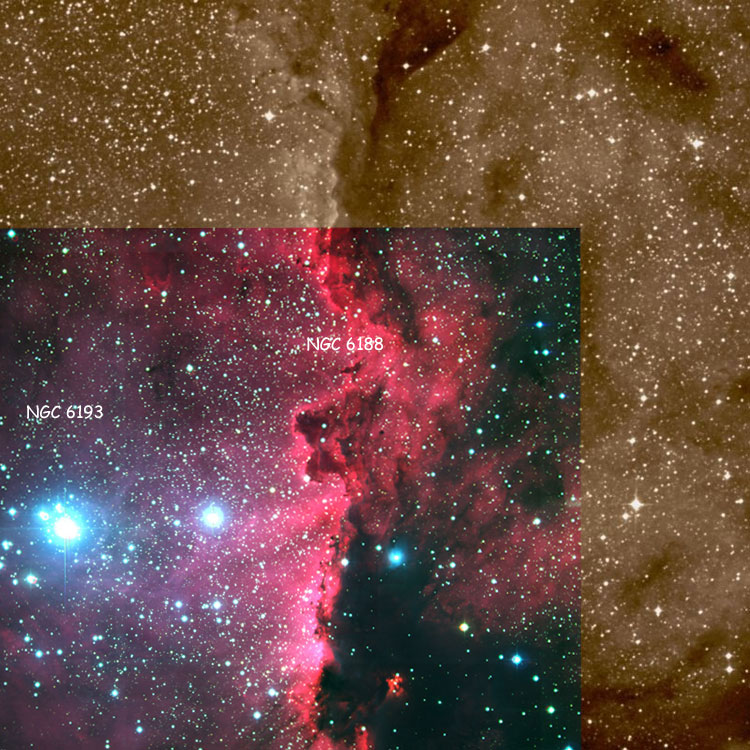 Composite of ESO and DSS images of nebula NGC 6188 and open cluster NGC 6193