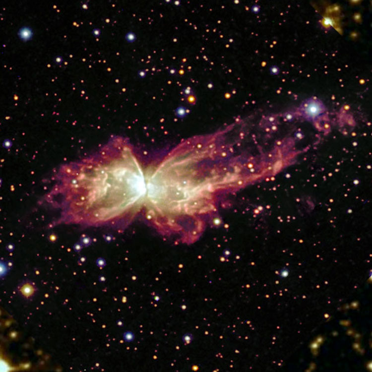Overlay of ESO image of planetary nebula NGC 6302, also known as the Butterfly Nebula, on a DSS background