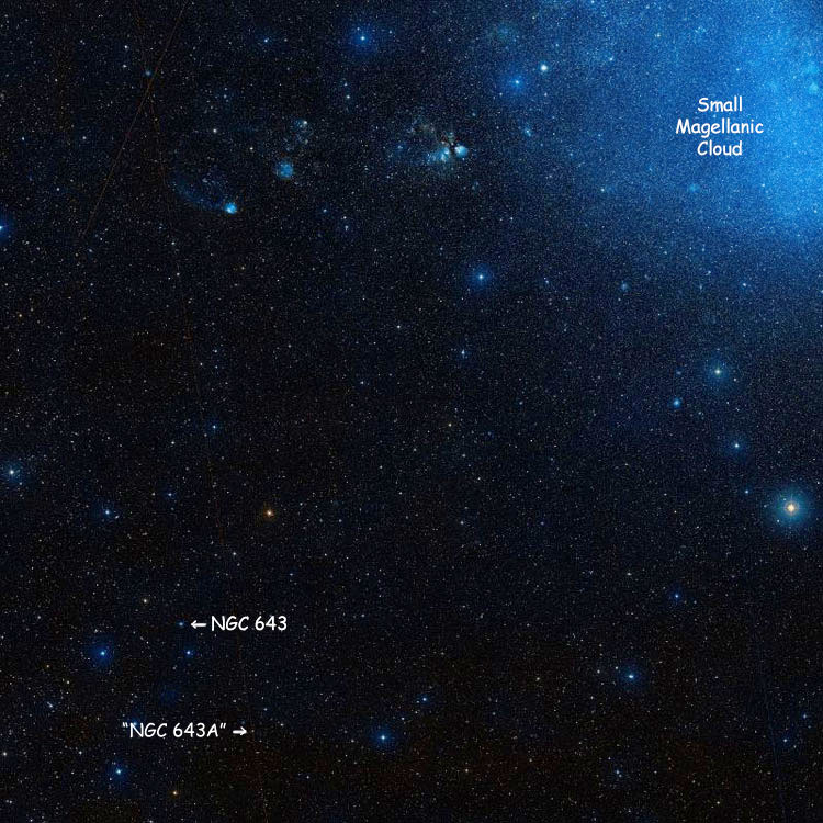 DSS image showing position of open clusters NGC 643 and 'NGC 643A' relative to the Small Magellanic Cloud