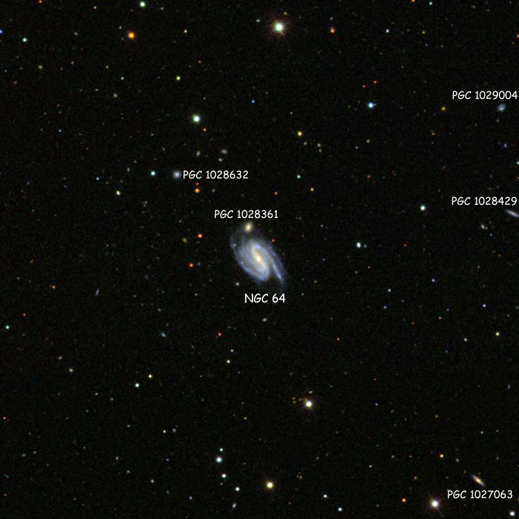 SDSS image of region near spiral galaxy NGC 64, also showing numerous PGC objects