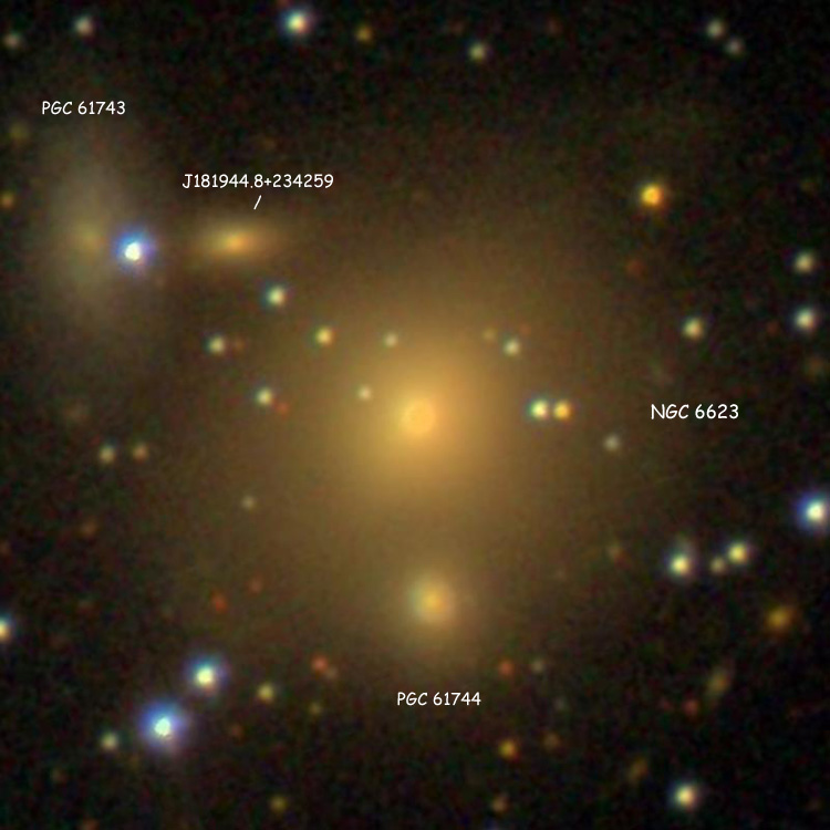 SDSS image of elliptical galaxy NGC 6623, also showing (3 apparent companions)