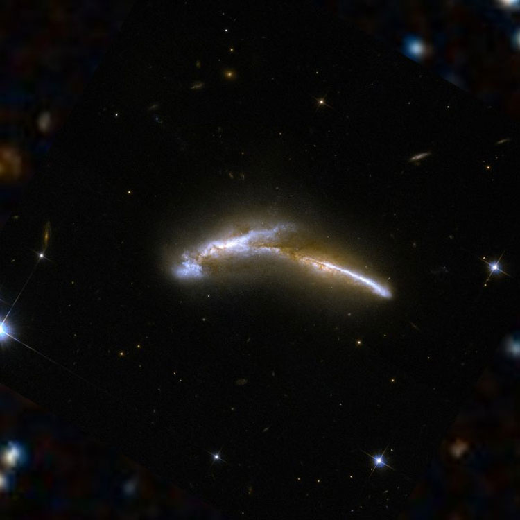HST image of interacting spiral galaxies NGC 6670 superimposed on a DSS background
