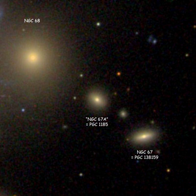 SDSS image showing lenticular galaxy NGC 67 (= PGC 138159), PGC 1185 (also known as NGC 67A and often misidentified as NGC 67), and NGC 68