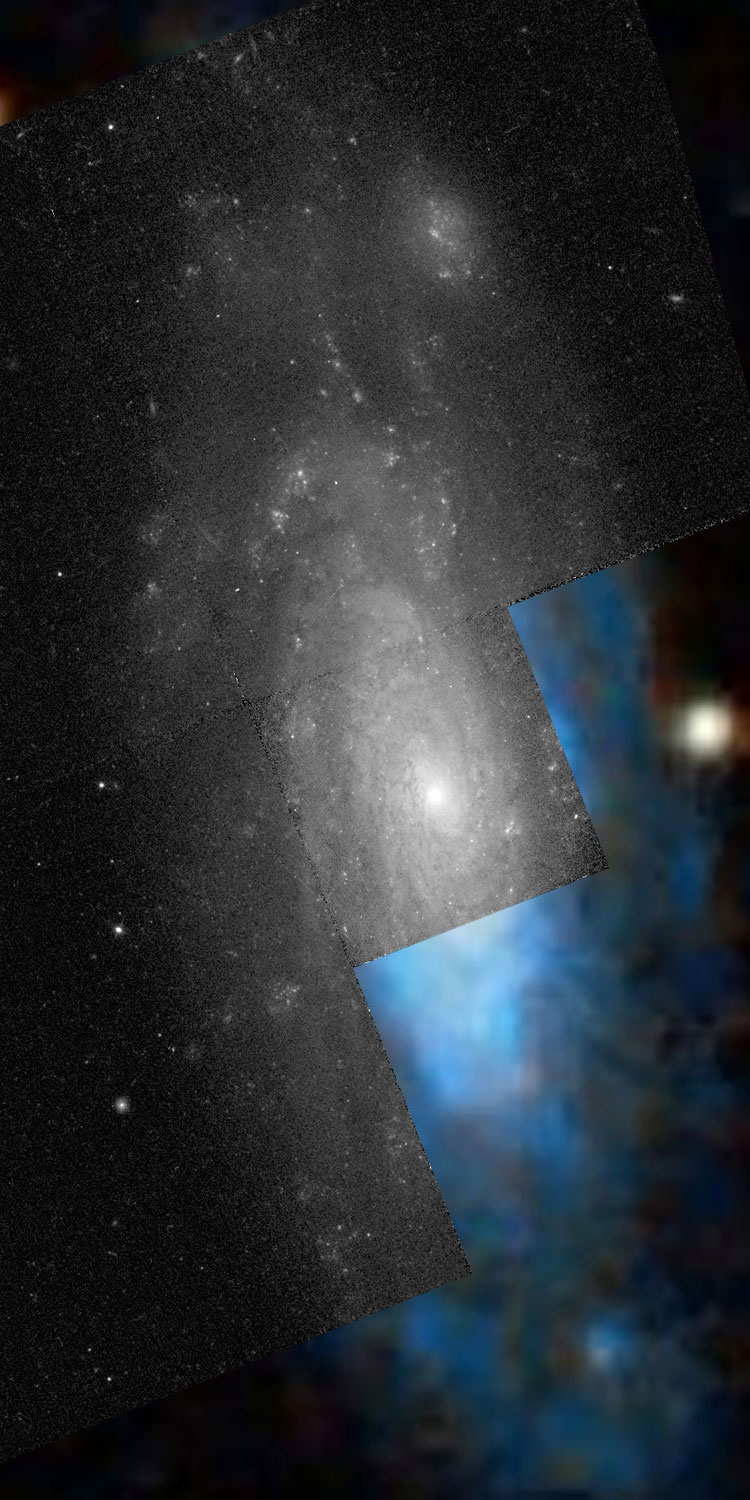 Hubble Legacy Archive image superimposed on a DSS image of spiral galaxy NGC 7162