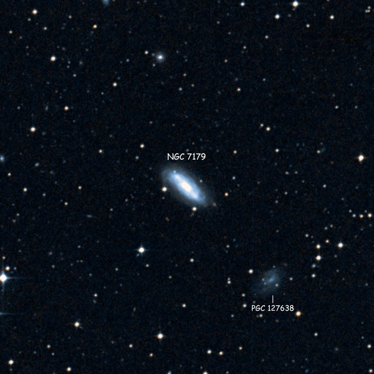 DSS image of region near spiral galaxy NGC 7179, also showing its apparent companion, PGC 127638