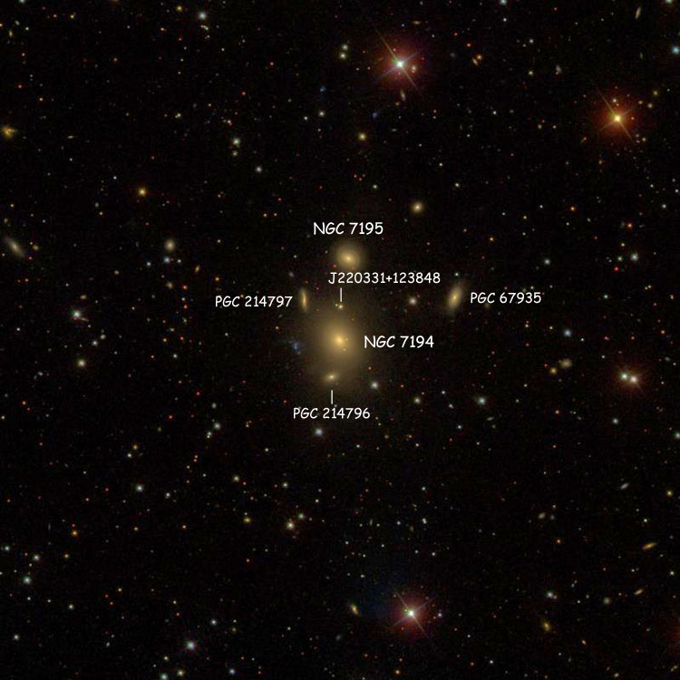 SDSS image of region near elliptical galaxy NGC 7194, also showing NGC 7195, PGC 67935, PGC 214796, PGC 214797 and J220331+123848