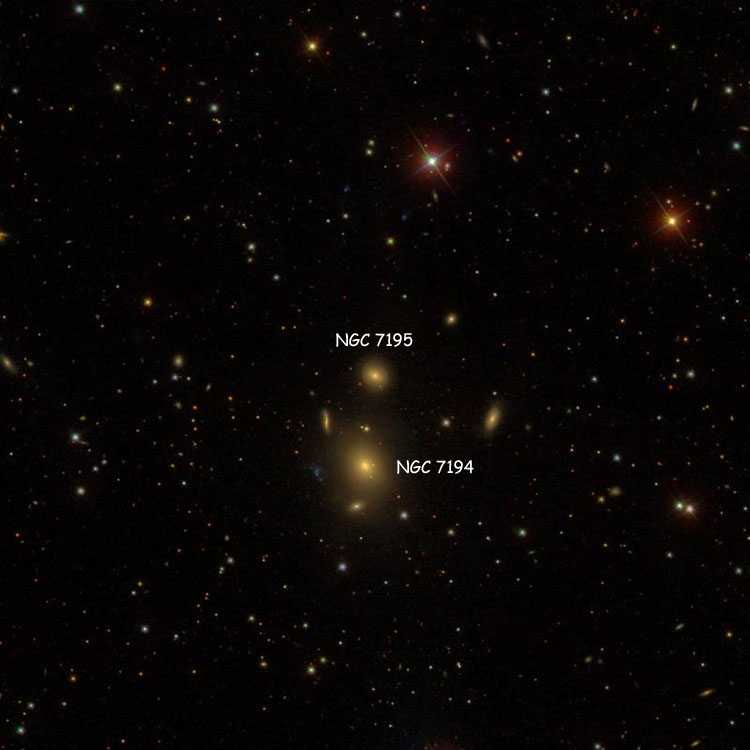 SDSS image of region near lenticular galaxy NGC 7195, also showing NGC 7194 and numerous supposed companions of the pair
