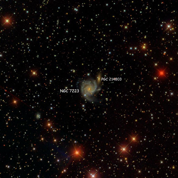 SDSS image of region near spiral galaxy NGC 7223, also showing its probable companion, PGC 214803