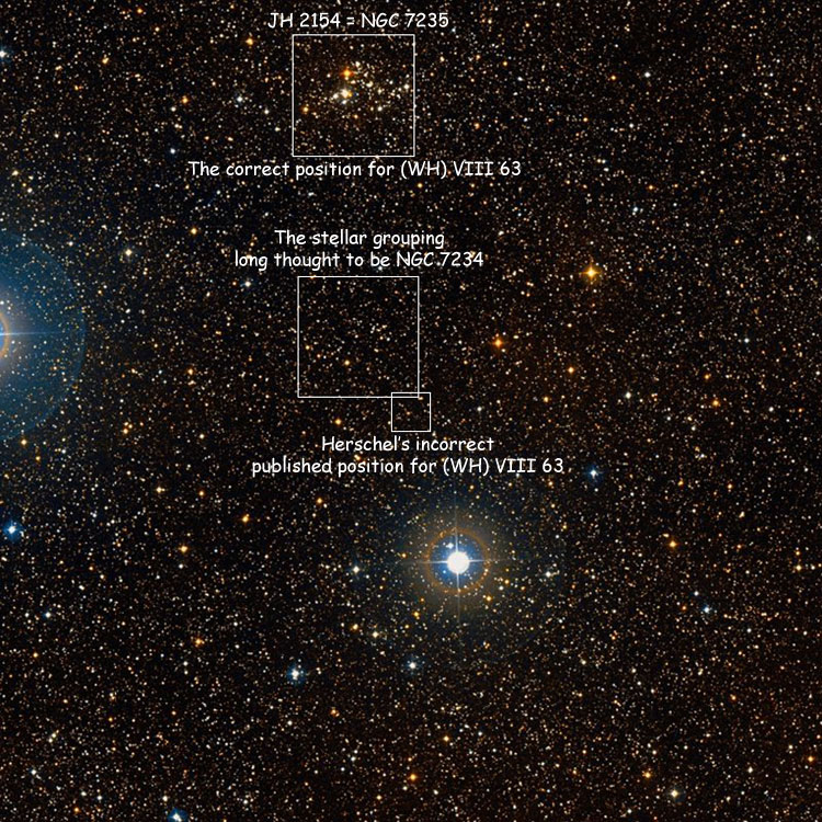 DSS image of the region near Herschel's incorrect published position for his VIII 63, also showing the position of the cluster therefore long thought to be NGC 7234, the correct position for Herschel's VIII 63, and John Herschel's JH 2154 = NGC 7235