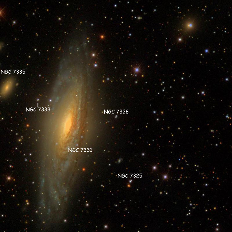 SDSS image of region near the pair of stars listed as NGC 7326, also showing the pairs of stars listed as NGC 7325 and NGC 7333, and NGC 7331 and 7335