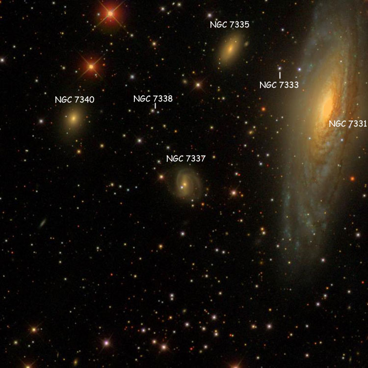 SDSS image of region near spiral galaxy NGC 7337, also showing the stars listed as NGC 7333 and NGC 7338, and galaxies NGC 7331, NGC 7335 and NGC 7340