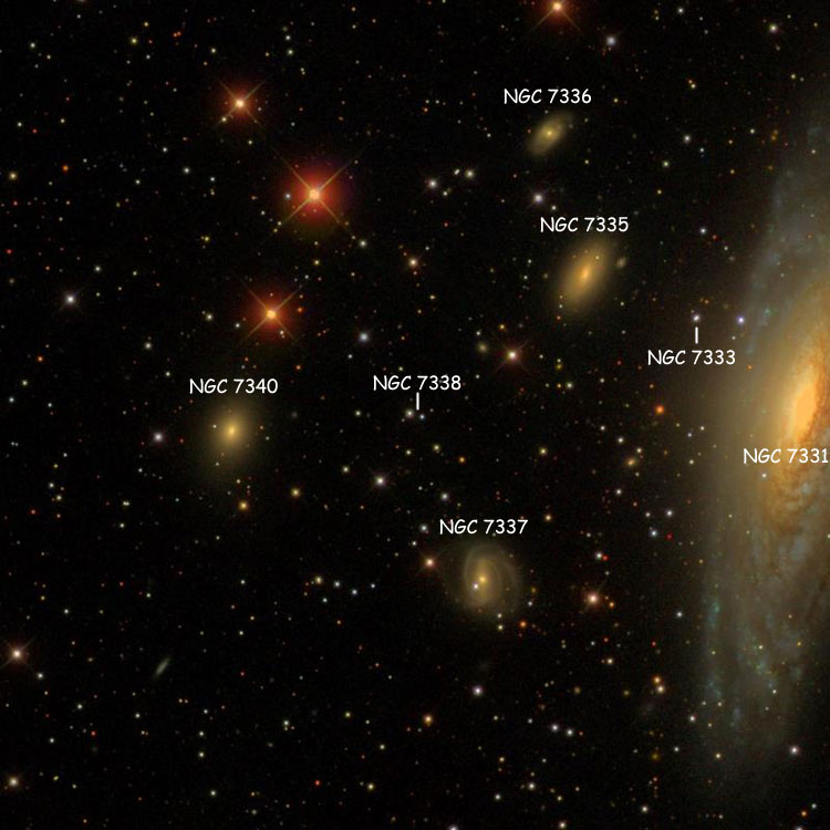 SDSS image of region near the pair of stars listed as NGC 7338, also showing the stars listed as NGC 7333, and galaxies NGC 7331, NGC 7335, NGC 7336, NGC 7337 and NGC 7340