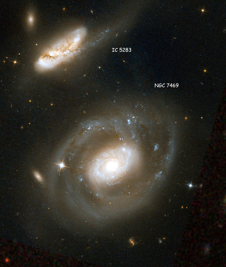 HST image of spiral galaxies NGC 7469 and IC 5283 (also known as Arp 298), overlaid on an SDSS background for the small area not otherwise covered