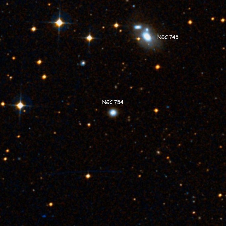 DSS image of region near elliptical galaxy NGC 754, also showing NGC 745