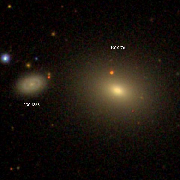 SDSS image of lenticular galaxy NGC 76, also showing PGC 1266, which may be a distant companion