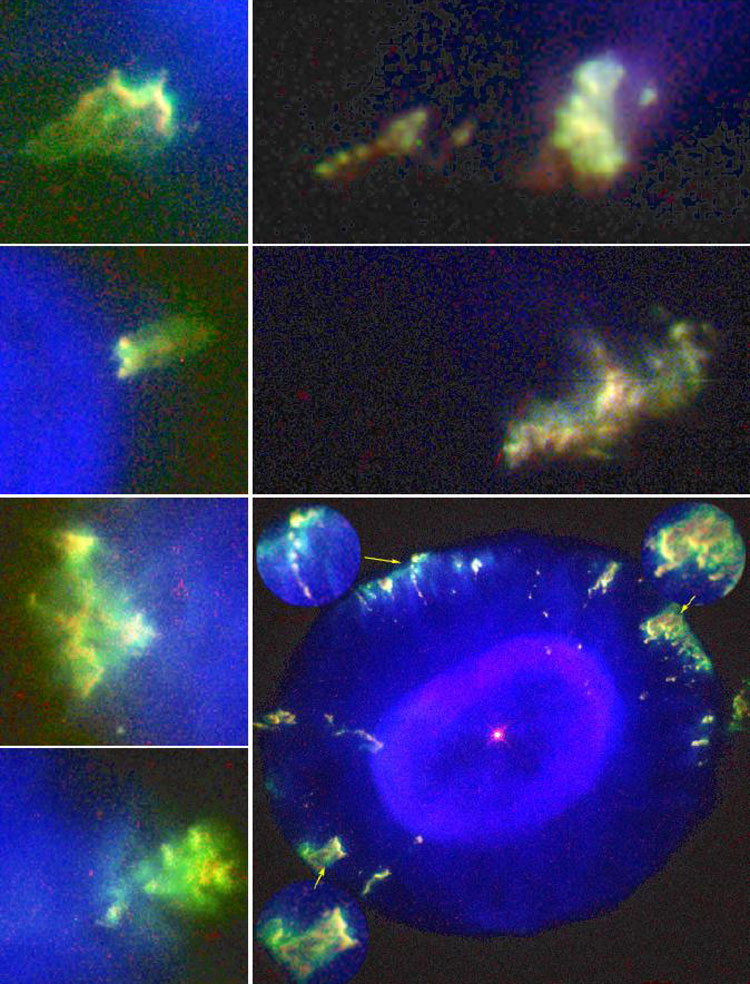 HST closeups of fliers near planetary nebula NGC 7662, also known as the Blue Snowball Nebula