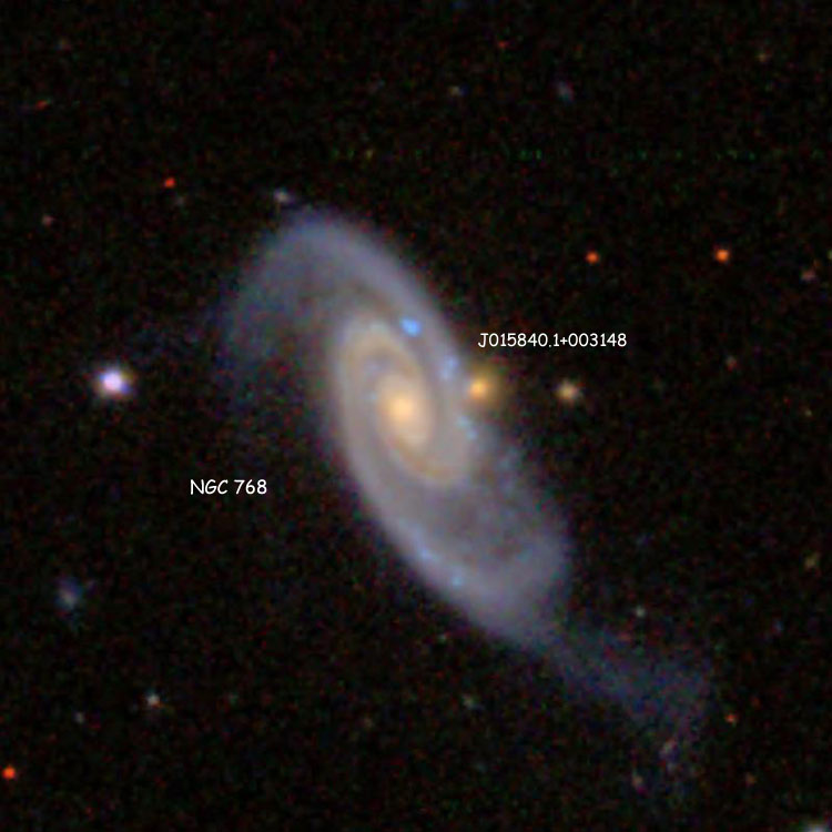 SDSS image of spiral galaxy NGC 768 and its probable companion, SDSSJ015840.07+003148.6