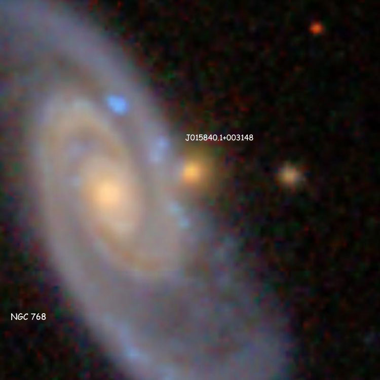 SDSS image of spiral galaxy NGC 768 and its probable companion, SDSSJ015840.07+003148.6