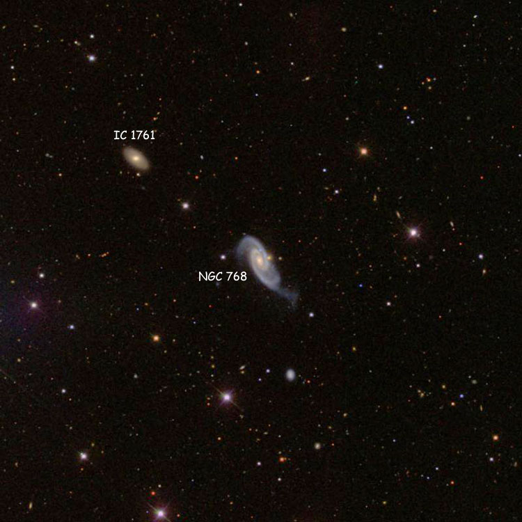 SDSS image of region near spiral galaxy NGC 768, also showing IC 1761