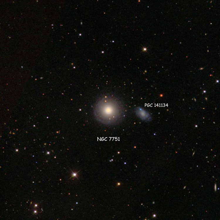 SDSS image of region near spiral galaxy NGC 7751, also showing irregular galaxy PGC 141134