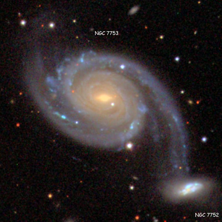 SDSS image of spiral galaxy NGC 7753 and its companion, NGC 7752, collectively also known as Arp 86