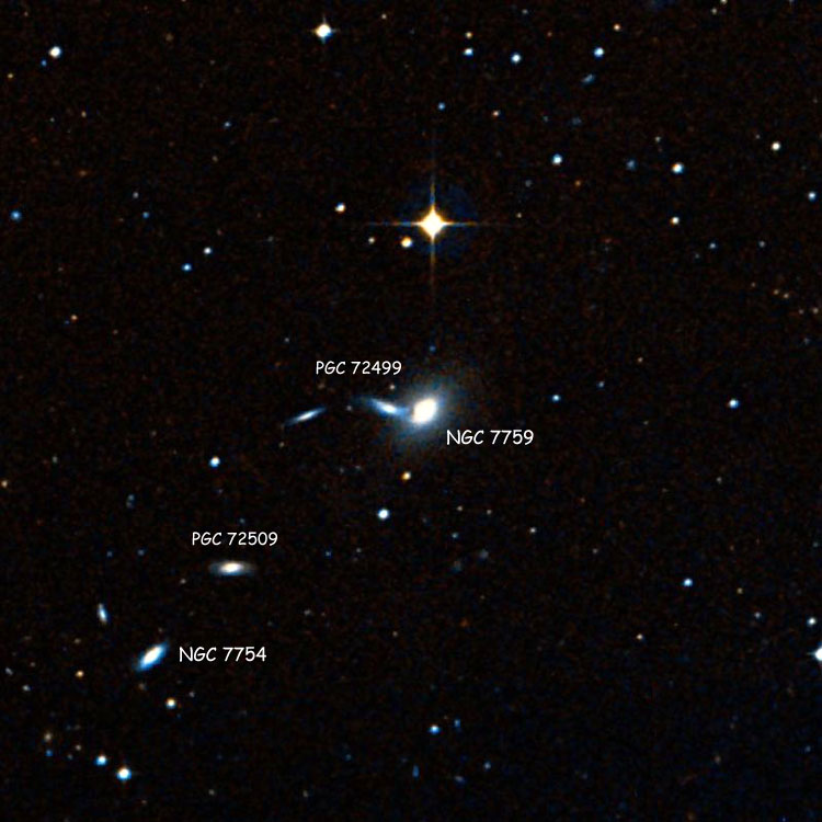 DSS image of region near lenticular galaxy NGC 7759 and its probable companion, PGC 72499 (sometimes called NGC 7759A); also shown are NGC 7754 and PGC 72509 (sometimes called NGC 7754A)