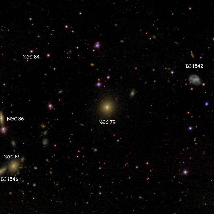 SDSS image of region near elliptical galaxy NGC 79, also showing NGC 84, NGC 85, NGC 86, IC 1542 and IC 1546