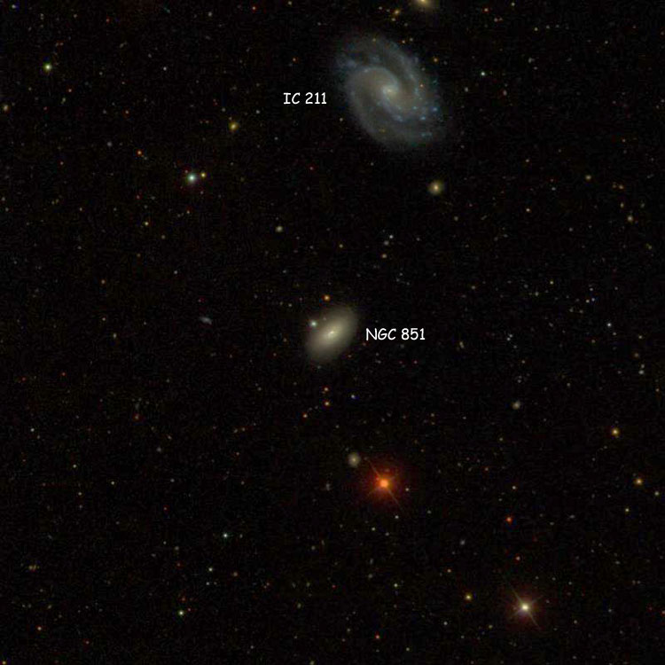SDSS image of region near peculiar lenticular galaxy NGC 851, also showing IC 211