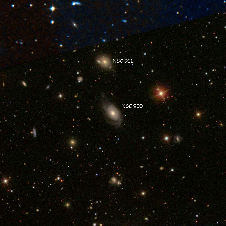 SDSS image of region near lenticular galaxy NGC 900, overlaid on a DSS background to fill in missing areas; also shown is NGC 901