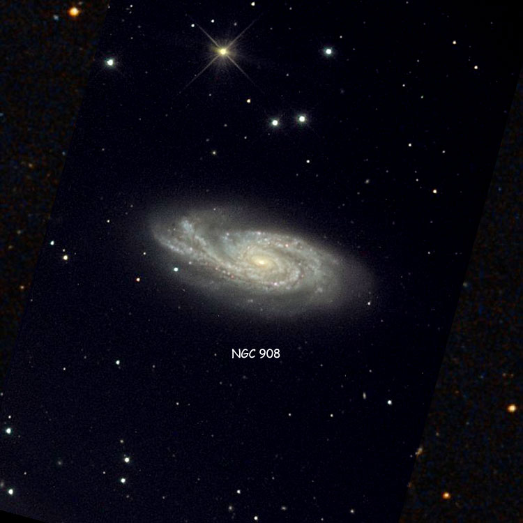 NOAO image of region near spiral galaxy NGC 908, overlaid on a DSS background to fill in missing areas