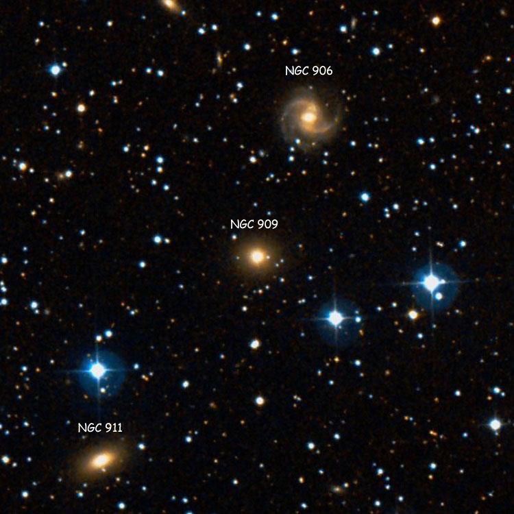 DSS image of region near elliptical galaxy NGC 909, also showing NGC 906 and NGC 911